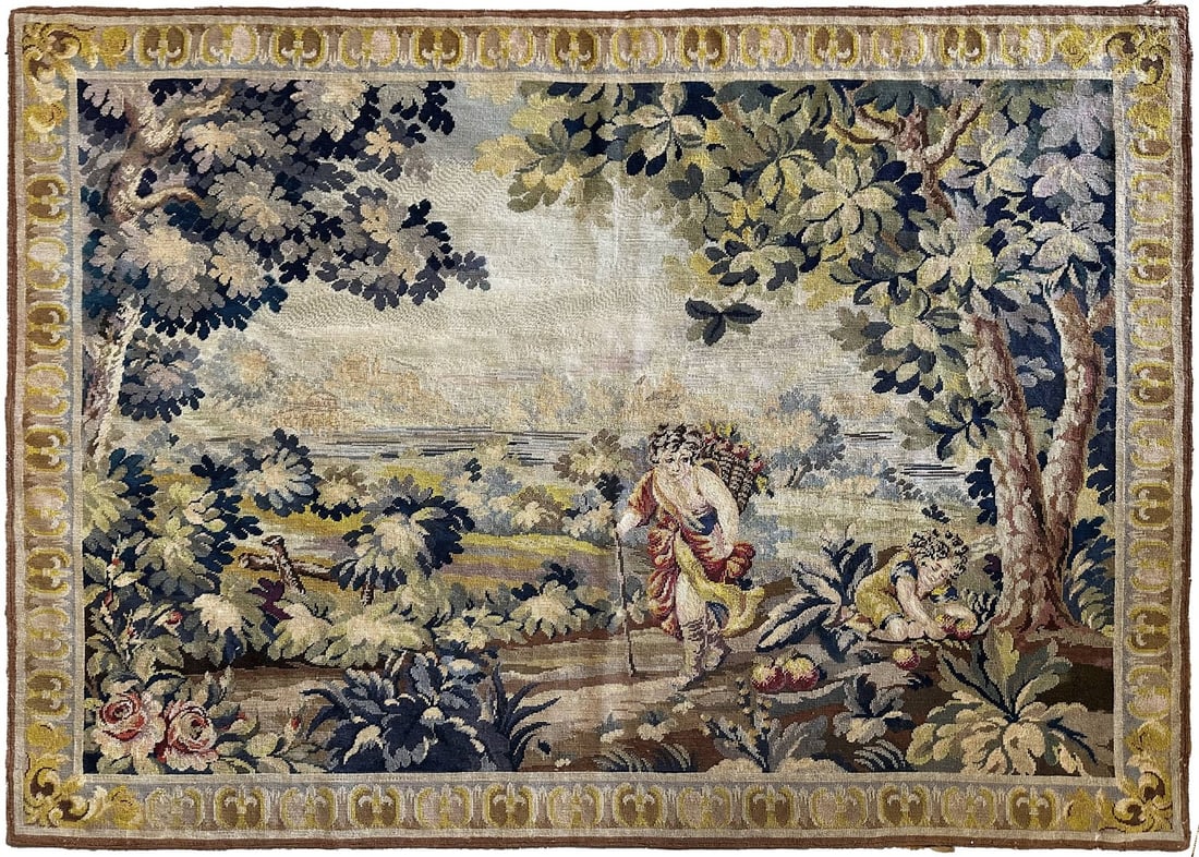 Circa 1890 English wool needlepoint verdure tapestry 115x155 cm: Circa 1890 English wool needlepoint verdure tapestry 115x155 cm This antique English needlepoint tapestry, dating to circa 1890, features a verdure scenic landscape design. Expertly handwoven from woo