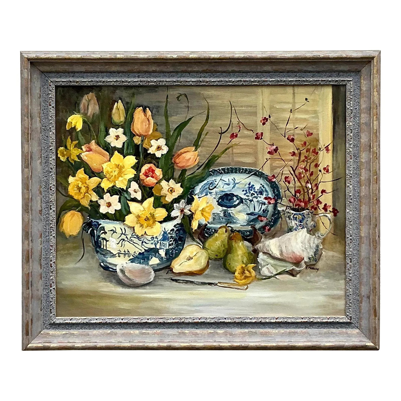 Vintage Regency Floral Still Life Canvas Painting 36.25 x 30.25: Vintage Regency Floral Still Life Canvas Painting 36.25 x 30.25 This vintage Regency floral still life painting on canvas showcases intricate brushwork and a classic composition, exuding timeless beau