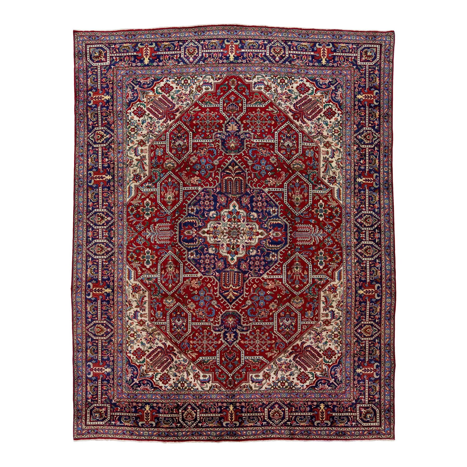 1960s Vintage Heriz Persian Wool Rug Red Allover Motif 10'1 x 13': 1960s Vintage Heriz Persian Wool Rug Red Allover Motif 10'1 x 13' This exquisite vintage Heriz handmade Persian wool rug features an allover multicolor motif set against a vibrant red background. Meas
