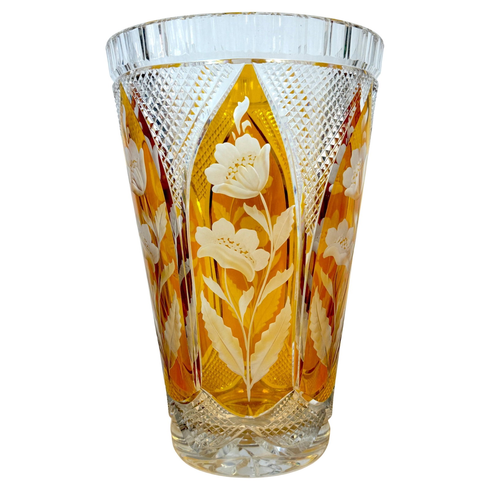 Moser Style Engraved Citrine Cut to Clear Floral Vase 14in Crystal: Moser Style Engraved Citrine Cut to Clear Floral Vase 14in Crystal This magnificent Bohemian engraved citrine cut to clear floral vase is a stunning example of craftsmanship from the Czech Republic, d