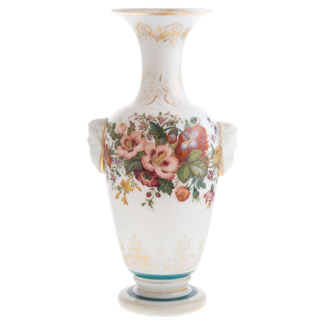 Neoclassical French Opaline Glass Vase With Floral Painting and Satyr Masks: Neoclassical French Opaline Glass Vase With Floral Painting and Satyr Masks Hand-painted opaline glass vase featuring pate de riz applied satyr masks, gilded accents, turquoise bands, and floral bouqu