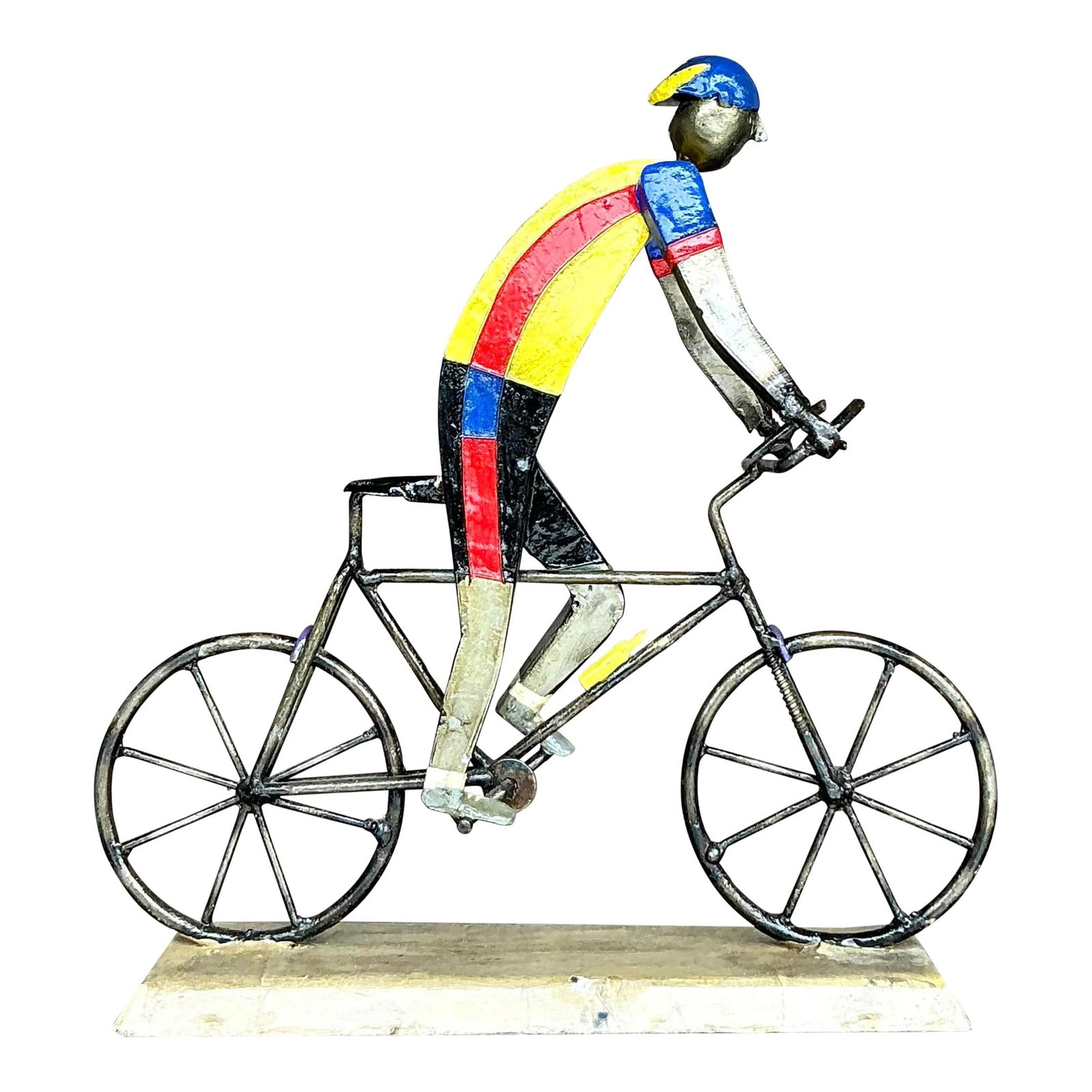 Handcrafted Vintage Metal Cyclist Sculpture in Vibrant Colors: Handcrafted Vintage Metal Cyclist Sculpture in Vibrant Colors This vintage metal sculpture captures the essence of a cyclist in motion, showcasing exceptional craftsmanship through intricate metalwork