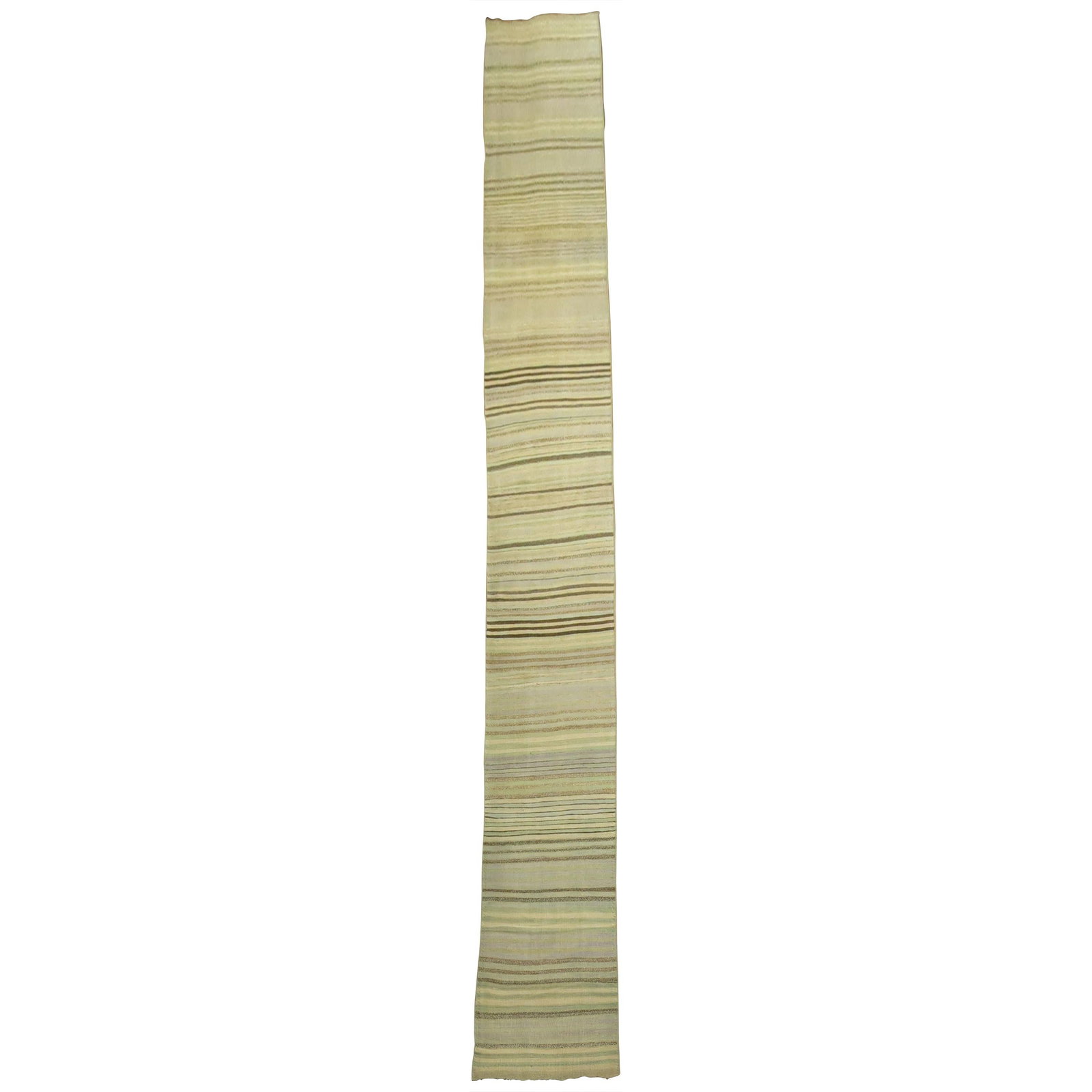 Mid Century Turkish Wool Hand Knotted Minimalist Kilim Runner: Mid Century Turkish Wool Hand Knotted Minimalist Kilim Runner This striped Turkish Kilim runner features a minimalist design with vibrant colors including mint green, cream, soft blue, and lavender. H