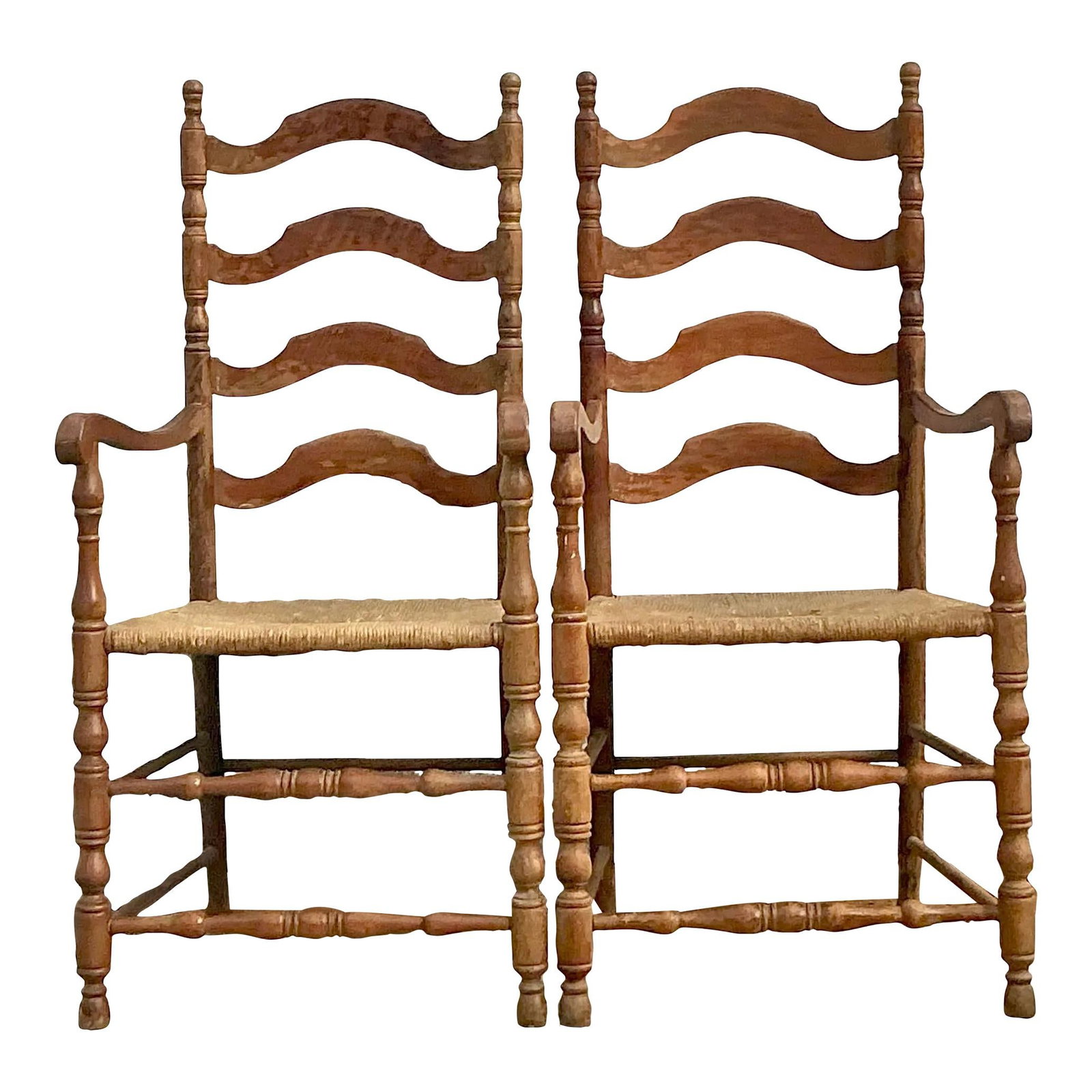 Coastal Vintage Ladderback Rush Seat Chairs Pair Sand Wood: Coastal Vintage Ladderback Rush Seat Chairs Pair Sand Wood Enhance your dining or living area with this charming pair of Vintage Coastal Ladderback Rush Seat Chairs. Featuring classic ladderback desig