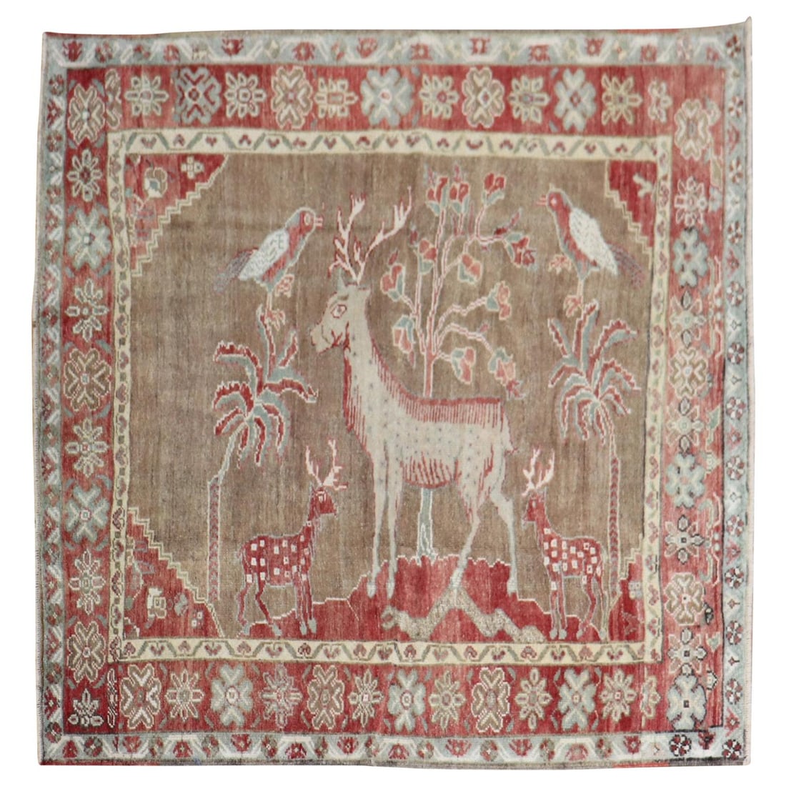 Unique Hand-Woven Turkish Folk Art Rug with Deer and Bird Design: Unique Hand-Woven Turkish Folk Art Rug with Deer and Bird Design Discover the unique charm of this one-of-a-kind hand-knotted Turkish Anatolian rug, expertly crafted in the mid-20th century. Featuring