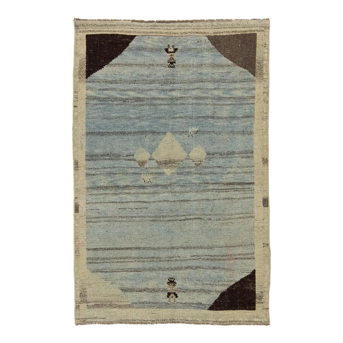 Gabbeh Wool Tribal Geometric Rug 3'5 x 5'4: Gabbeh Wool Tribal Geometric Rug 3'5 x 5'4 This modern hand-knotted Gabbeh wool rug showcases a blend of tribal weaving techniques and contemporary minimalist design. Featuring a deep indigo and steel