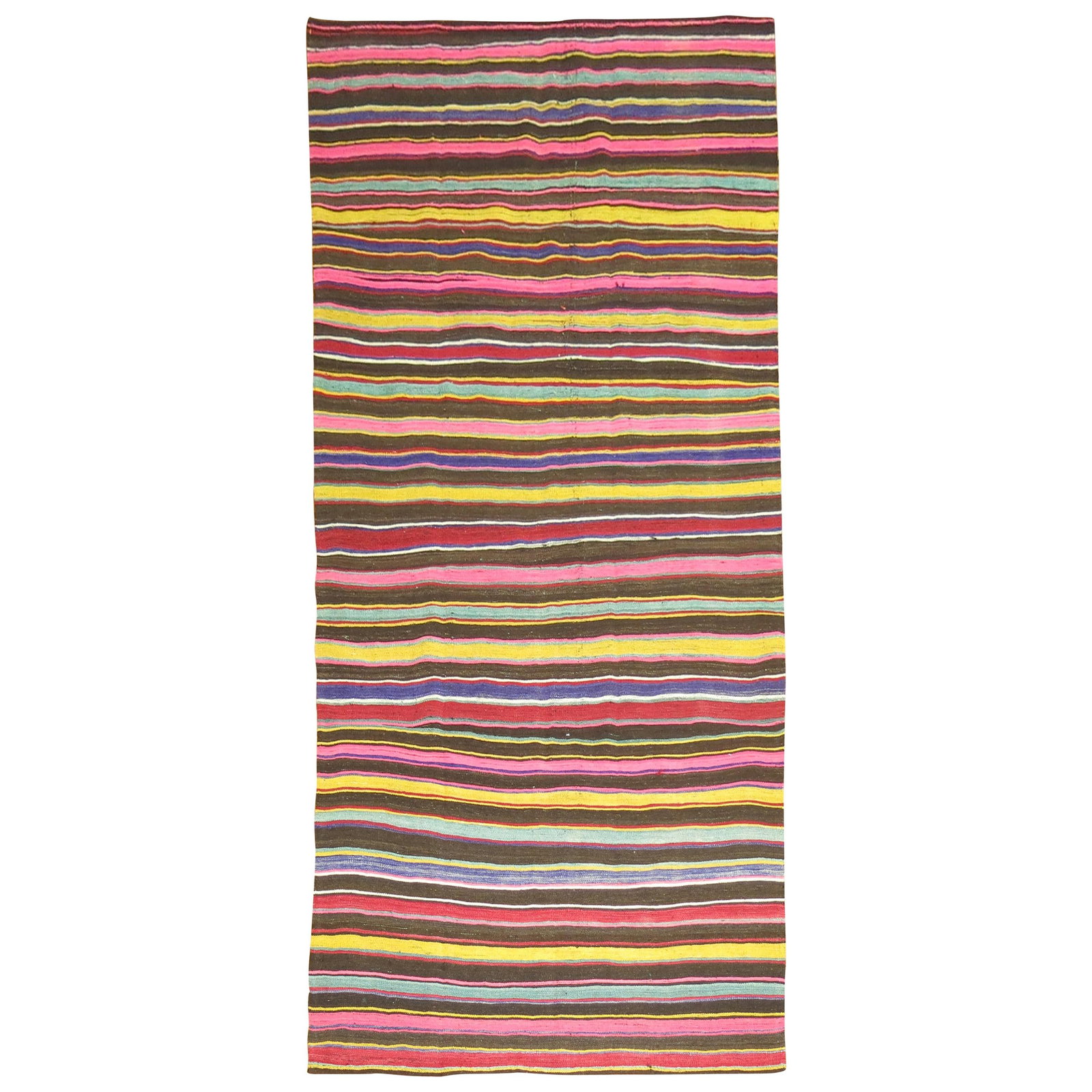 Mid 20th Century Turkish Wool Hand Knotted Gallery Runner: Mid 20th Century Turkish Wool Hand Knotted Gallery Runner This vintage Turkish Kilim gallery runner dates from the mid-20th century and features a distinctive Bohemian style. Expertly hand-knotted fro