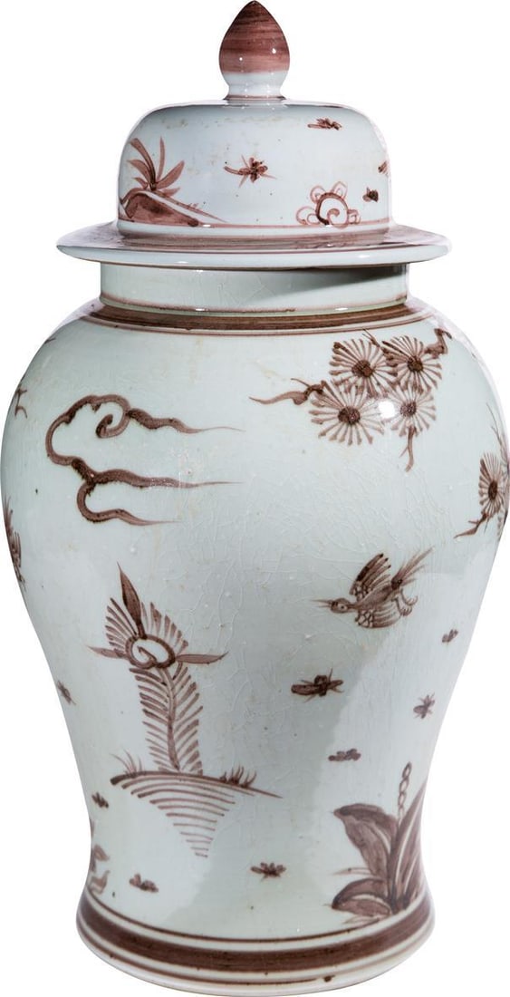 Chinoiserie Style Brown Porcelain Crane Temple Jar 20H: Chinoiserie Style Brown Porcelain Crane Temple Jar 20H This elegant medium-sized temple jar features a beautiful crane design and is handcrafted from high-quality porcelain. With a rich brown finish, 