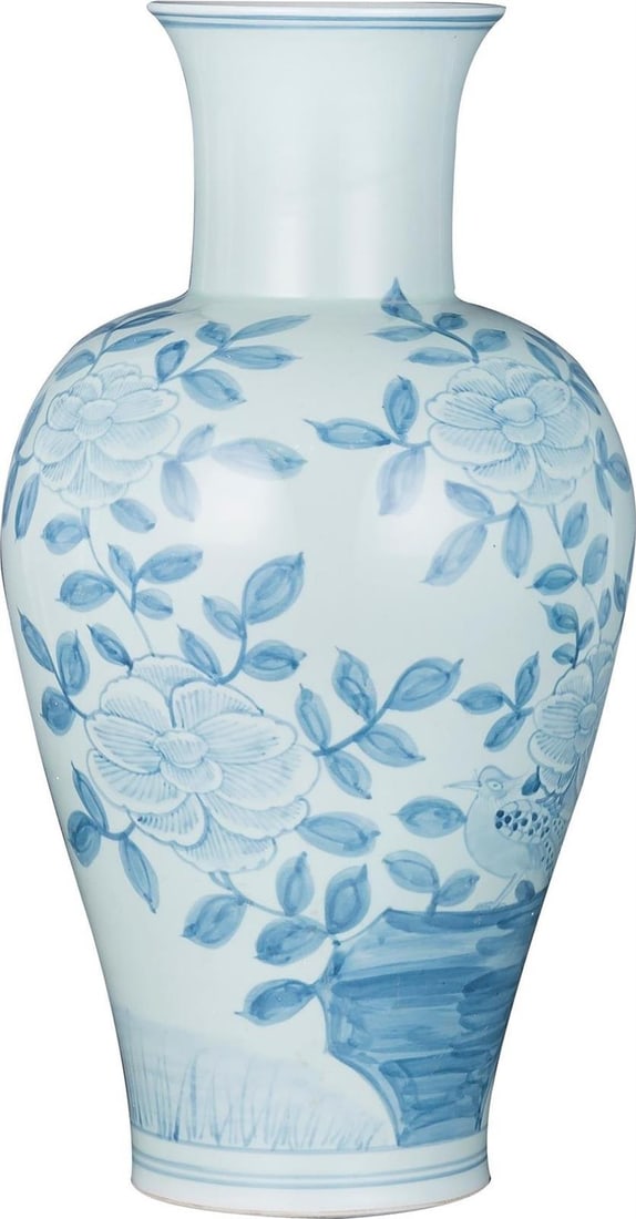 Handmade Chinese Blue Ceramic Vase with Pheasant Flower Design 19H 11W 11D: Handmade Chinese Blue Ceramic Vase with Pheasant Flower Design 19H 11W 11D This stunning handmade ceramic vase features a beautiful blue finish, showcasing a charming pheasant flower design that refle