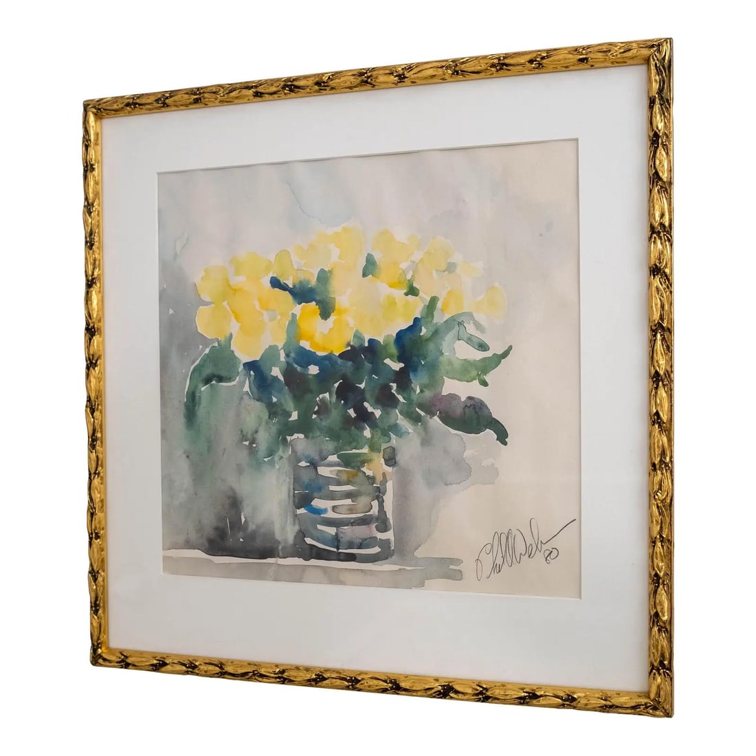 Signed 1980 Abstract Yellow Flowers Watercolor in Gold Frame: Signed 1980 Abstract Yellow Flowers Watercolor in Gold Frame This captivating watercolor painting features a vibrant bouquet of flowers, possibly yellow pansies, elegantly arranged in a vase. The artw