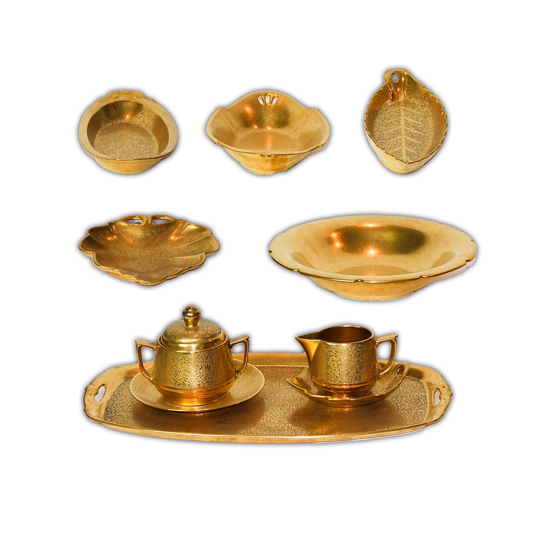Pickard gold pottery candy dishes creamer sugar bowl set of 10 (1 of 8)