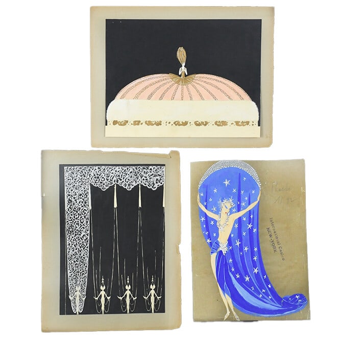 Erte Art Deco gouache trio Phoebe costume design stage curtain: Erte Art Deco gouache trio Phoebe costume design stage curtain This is a set of three original gouache works by Erte, featuring costume design and stage curtain themes in the Art Deco style. Created i