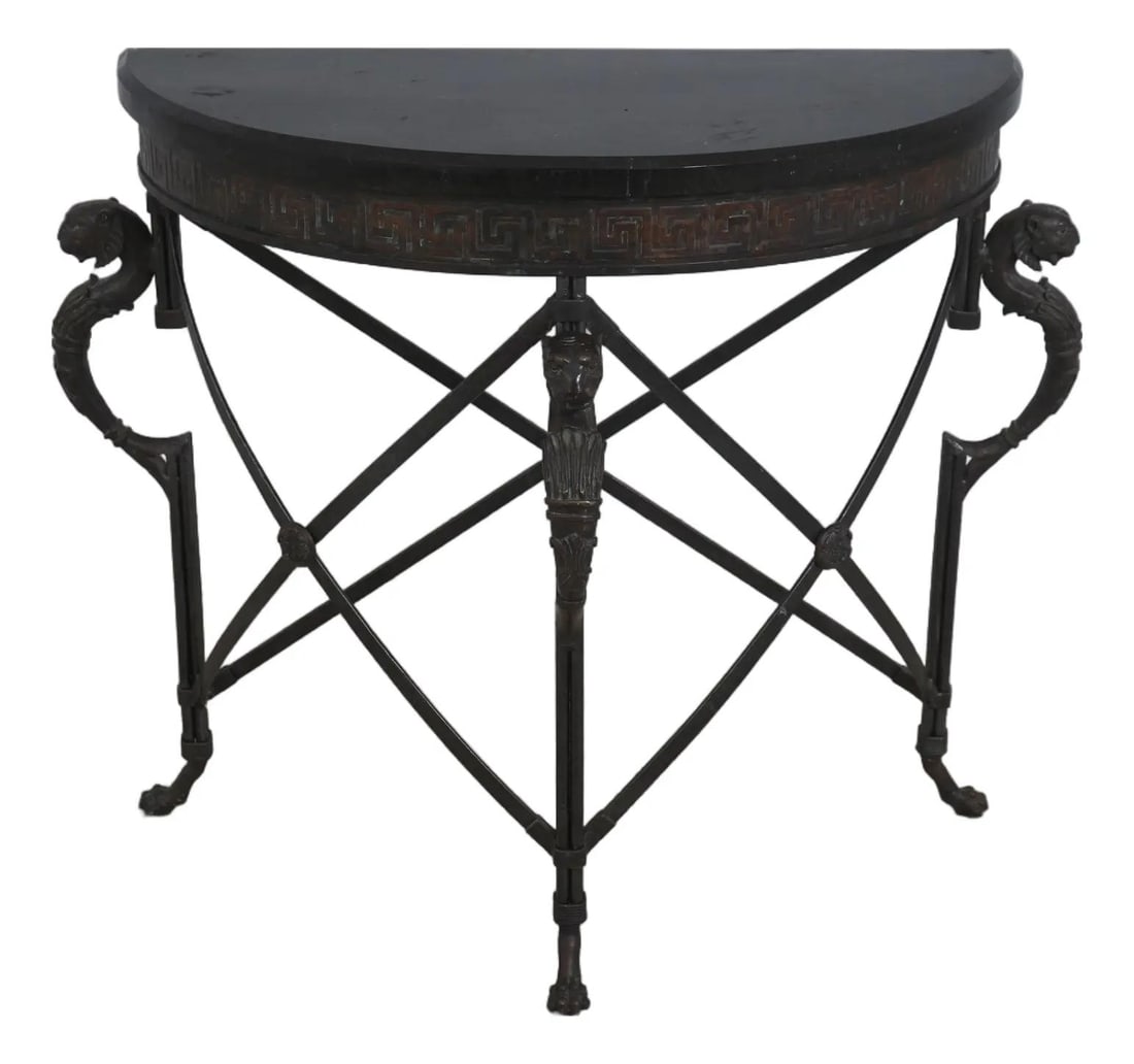 Maitland Smith Marble Top Bronze Console Table Greek Key Lion Head: Maitland Smith Marble Top Bronze Console Table Greek Key Lion Head This console table features a high-quality bronze base with a Greek key design skirt and lion head accents, reflecting a neoclassical