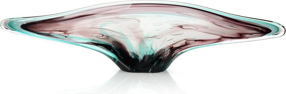 John-Richard Art Nouveau Hand-Blown Glass Sculpture Eggplant Turquoise 9.75H 36.50W: John-Richard Art Nouveau Hand-Blown Glass Sculpture Eggplant Turquoise 9.75H 36.50W This stunning sculpture showcases the elegance of Art Nouveau style with its hand-blown glass design in rich eggplan