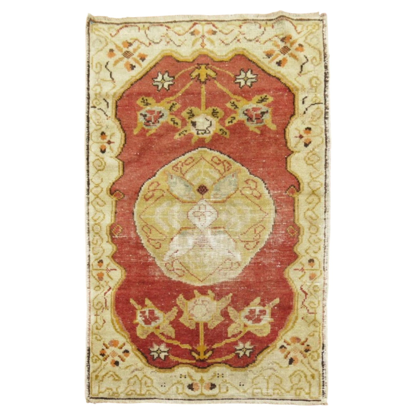 Early 20th Century Turkish Oushak Wool Hand Woven Rug 32 x 48 in: Early 20th Century Turkish Oushak Wool Hand Woven Rug 32 x 48 in This is a worn early 20th-century Anatolian Turkish rug crafted in the Oushak style. Hand-woven from wool, it features classic characte