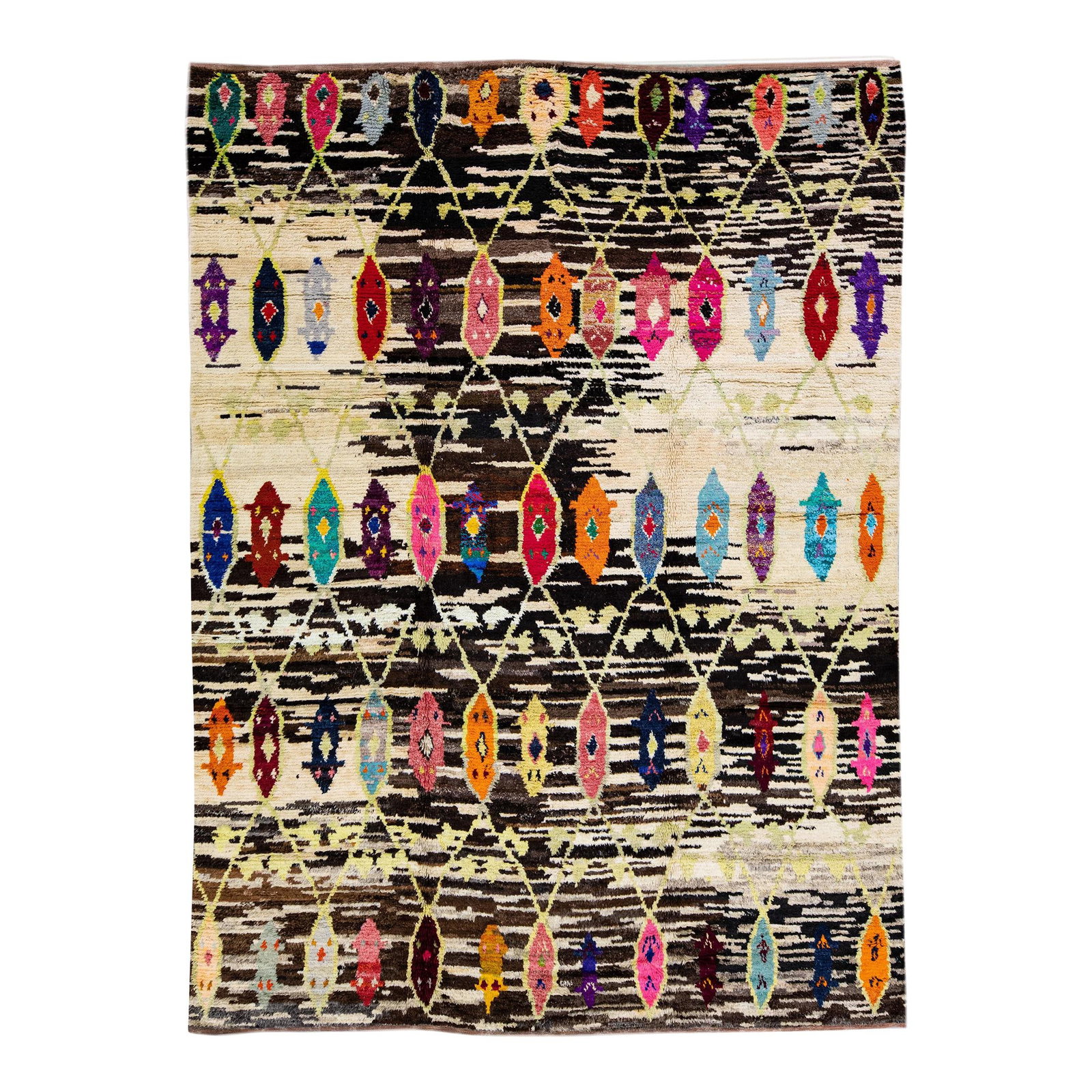Turkish Tulu Handmade Wool Rug 10'1 x 14' Multicolor Tribal Design: Turkish Tulu Handmade Wool Rug 10'1 x 14' Multicolor Tribal Design Enhance your space with this exquisite Turkish Tulu handmade wool rug, featuring a stunning beige and brown field complemented by vib