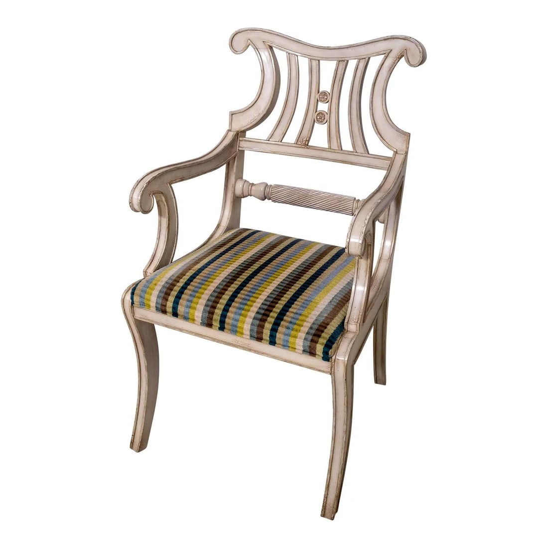 Councill Craftsmen Neoclassical Armchair with Painted Finish: Councill Craftsmen Neoclassical Armchair with Painted Finish This elegant armchair showcases a timeless neoclassical design, approximately 20 years old, featuring a factory-distressed painted finish t