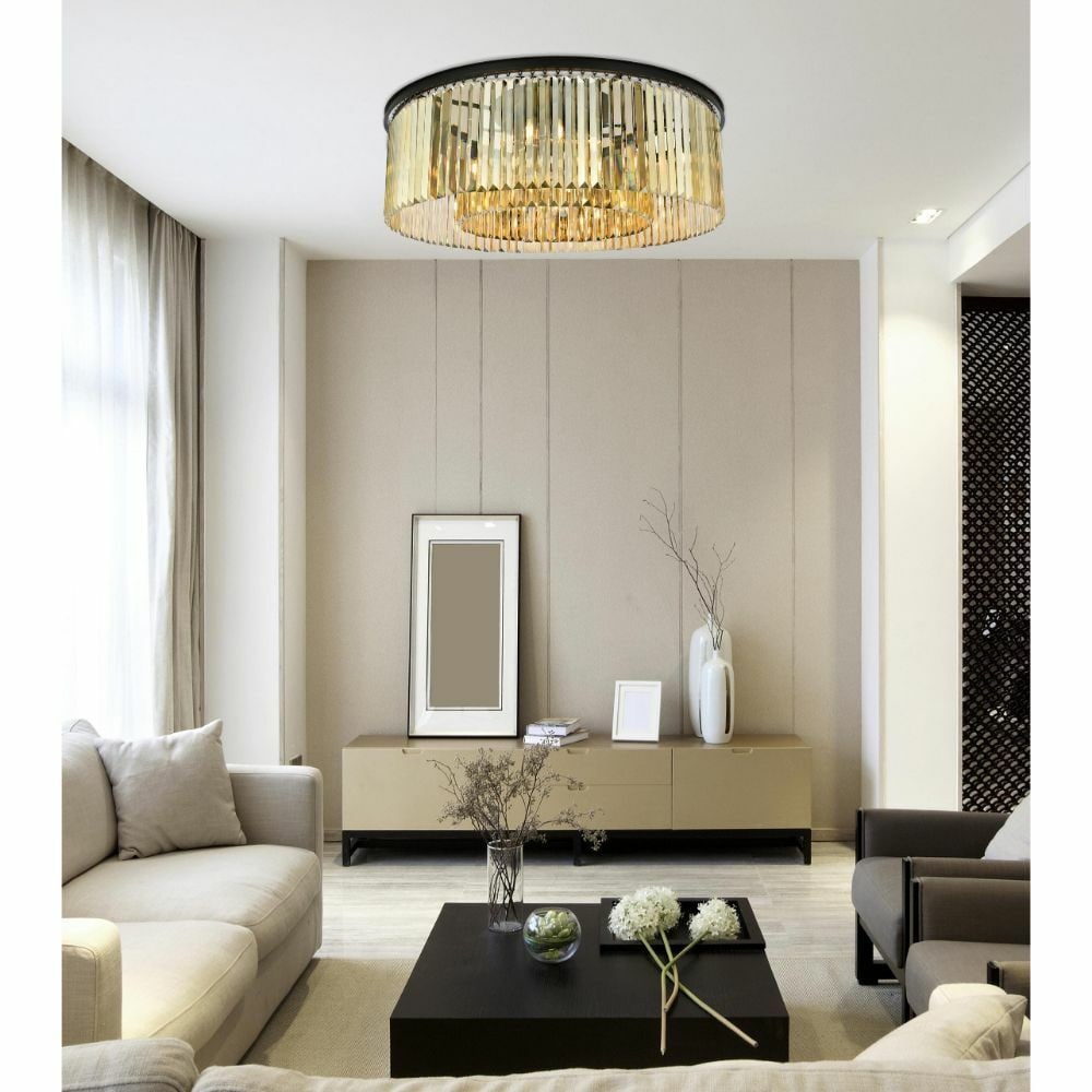 Sydney 10 Light Matte Black Crystal Flush Mount Chandelier: Sydney 10 Light Matte Black Crystal Flush Mount Chandelier This large flush mount chandelier features a contemporary design with a matte black finish and stunning golden teak royal cut crystals. Measu