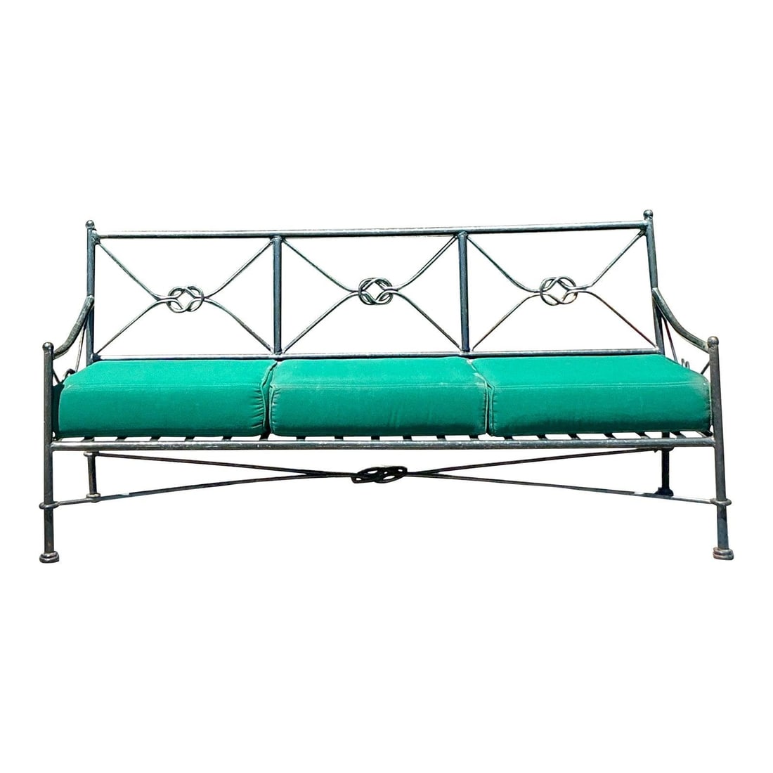 Vintage Regency Wrought Iron Knot Sofa with Green Cushions: Vintage Regency Wrought Iron Knot Sofa with Green Cushions Discover the timeless charm of this Vintage Regency Wrought Iron Knot Sofa, a stunning piece that marries durability with elegant design.