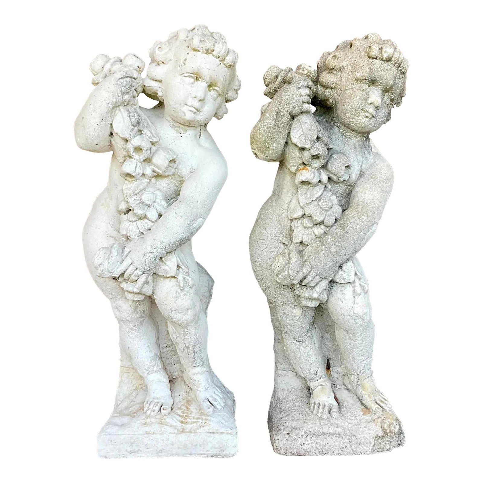 Vintage Boho Cast Concrete Statues Pair 24 in Oyster Gray: Vintage Boho Cast Concrete Statues Pair 24 in Oyster Gray Enhance your space with this pair of Vintage Boho Cast Concrete Season Statues, designed to bring a touch of quintessential American style to 