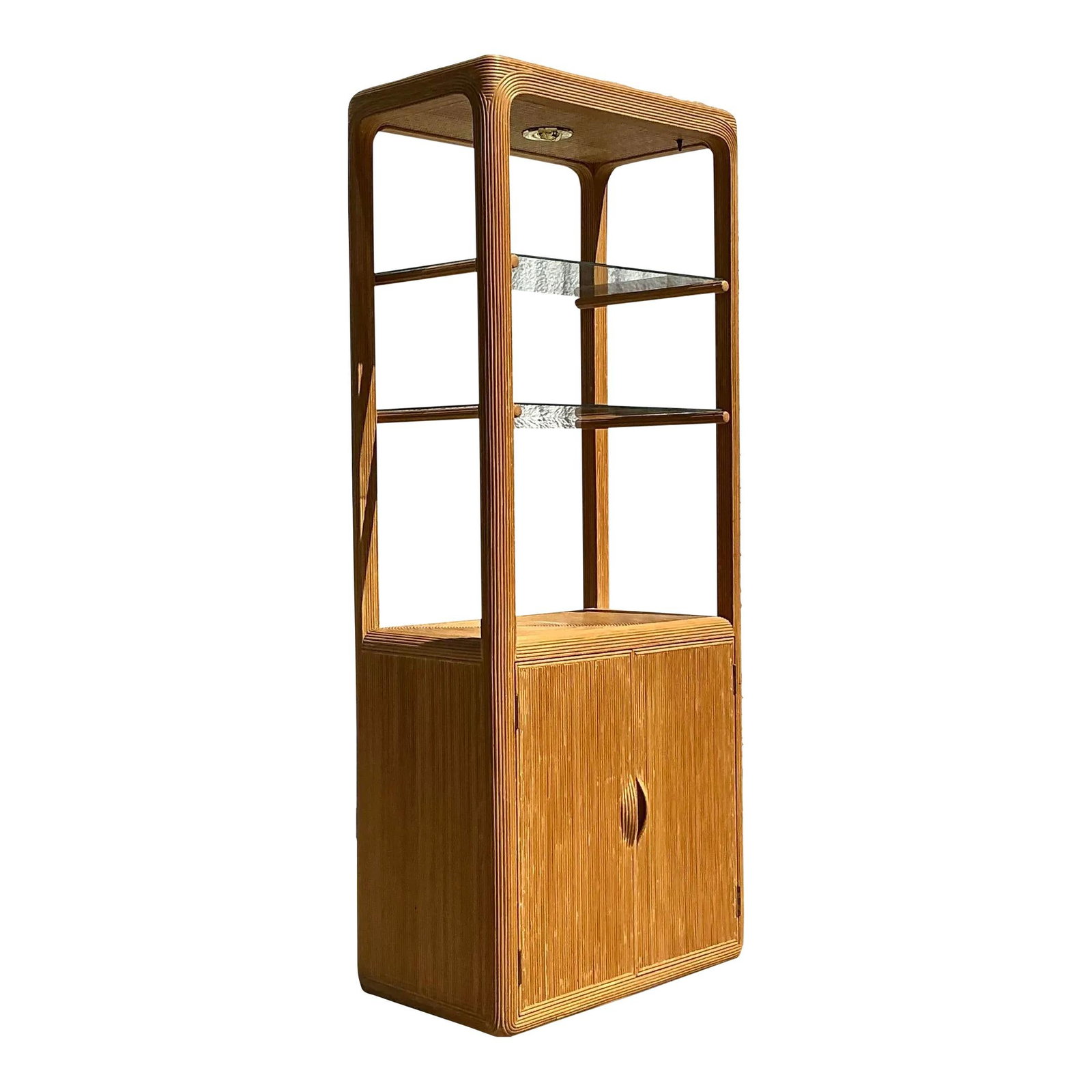 Vintage Coastal Pencil Reed Etagere with Open Shelving: Vintage Coastal Pencil Reed Etagere with Open Shelving Enhance your living space with the Vintage Coastal Pencil Reed Etagere, a perfect blend of natural texture and functional design. This etagere fe
