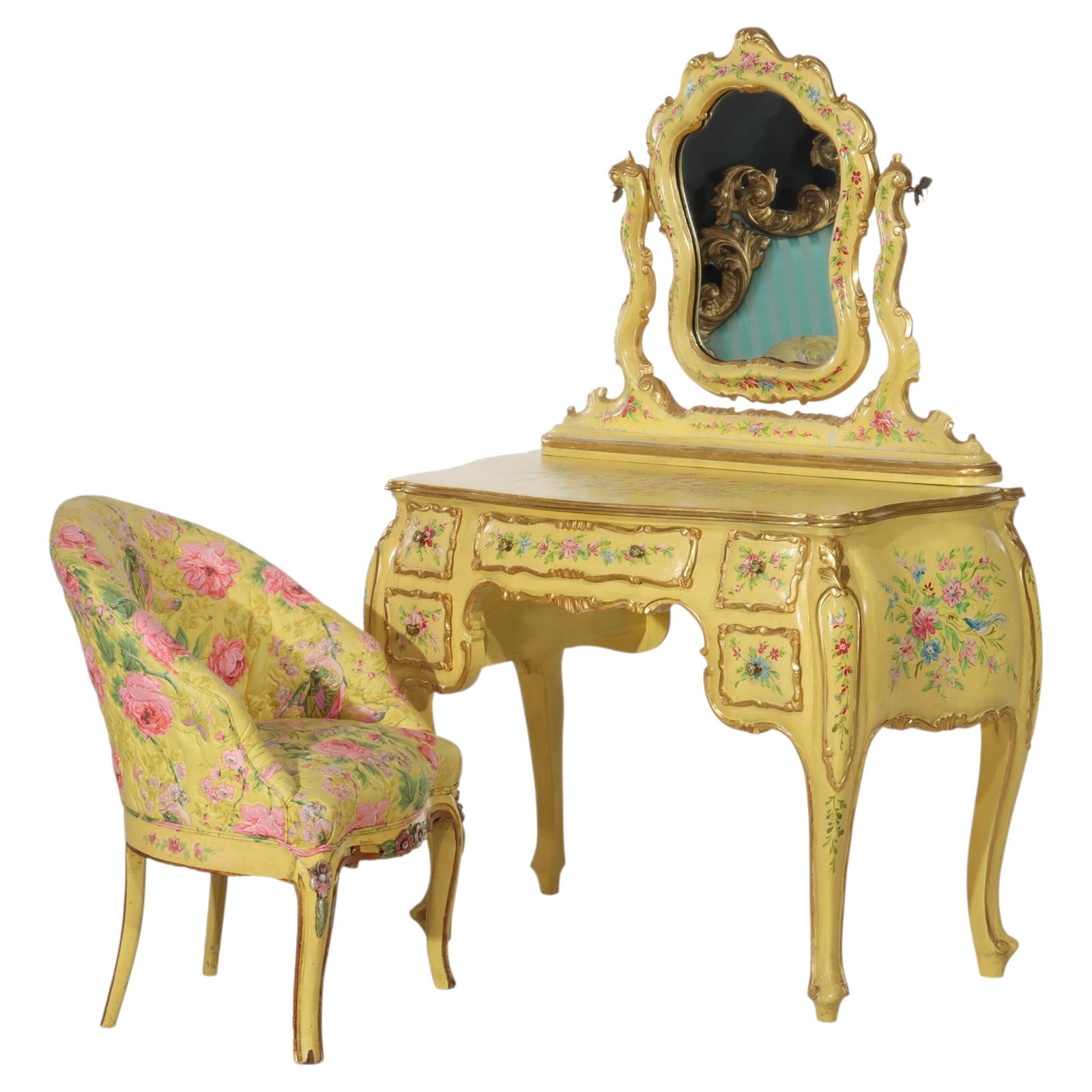 Set of Two Venetian Polychrome Floral Vanity Table With Mirror and Chair Circa 1930 (1 of 15)