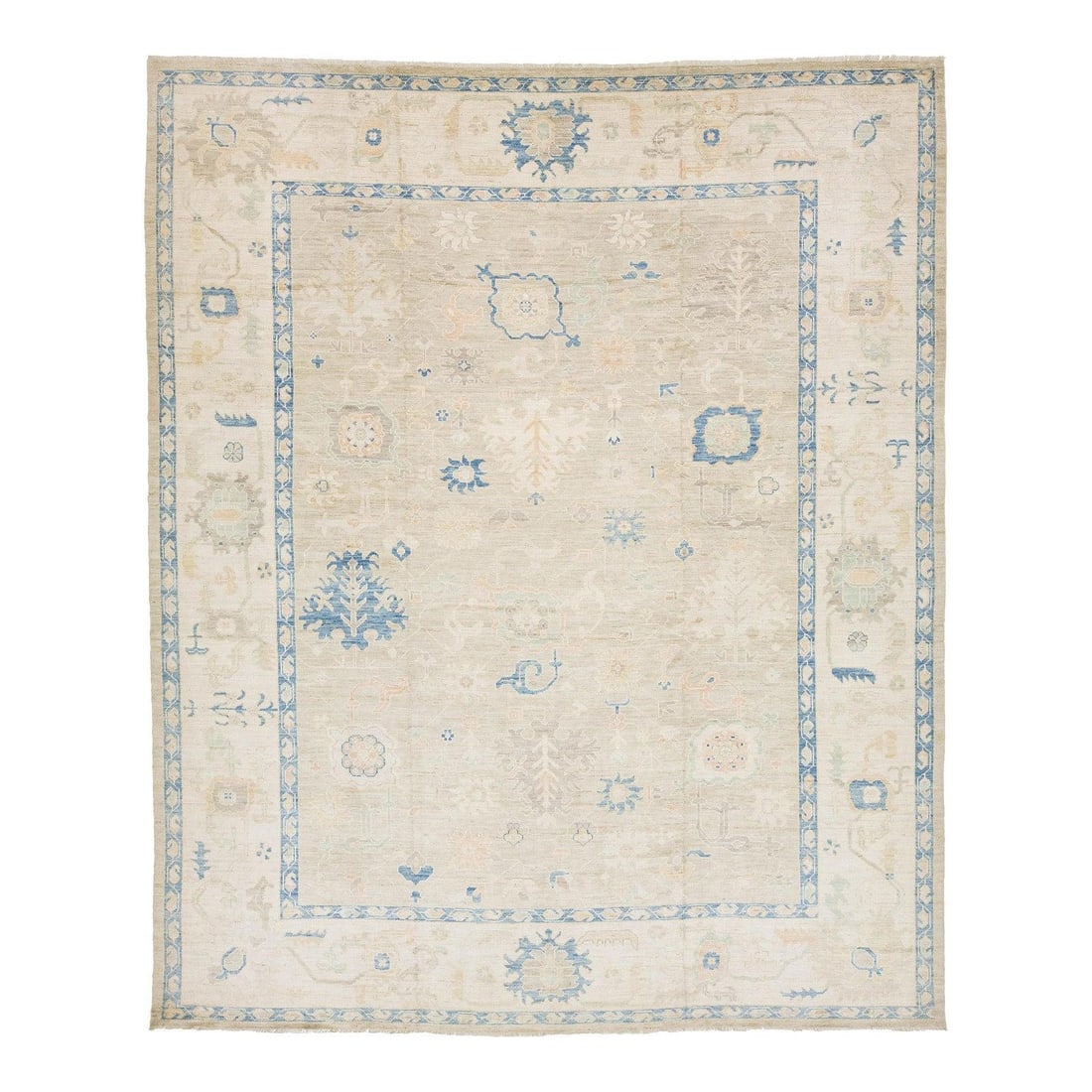 Hand Knotted Wool Oushak Style Rug 12'2 x 14'9 Sky Blue Champagne: Hand Knotted Wool Oushak Style Rug 12'2 x 14'9 Sky Blue Champagne This Modern Oushak Style area rug is hand-knotted from premium wool, offering a low-pile texture and a distressed finish reminiscent o