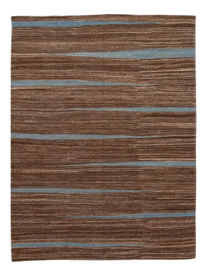 Handmade Brown Wool Kilim Rug 9' x 12'1" Abstract Design: Handmade Brown Wool Kilim Rug 9' x 12'1" Abstract Design Enhance your space with this stunning modern flat-weave Kilim rug, expertly handmade from soft wool. Featuring a rich brown field, it is accent