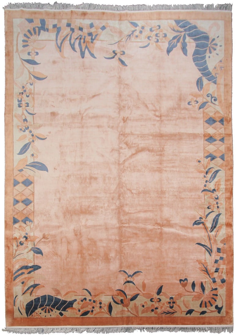 Hand Knotted Silk Art Deco Chinese Area Rug 8x11 Pink: Hand Knotted Silk Art Deco Chinese Area Rug 8x11 Pink This rare vintage Chinese Art Deco area rug is handmade from 100% silk and features a unique Art Nouveau geometric design. Crafted with skilled ha