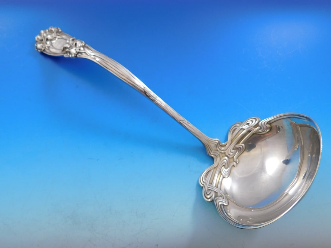 Durgin-Gorham Iris Sterling Silver Soup Ladle 12.25 inches 11.4 oz Monogrammed: Durgin-Gorham Iris Sterling Silver Soup Ladle 12.25 inches 11.4 oz Monogrammed This exquisite soup ladle from Durgin-Gorham features the beautiful Iris pattern, crafted from high-quality sterling silv