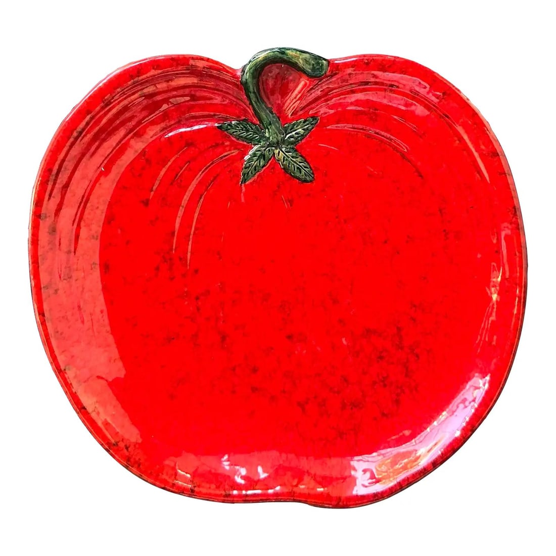 Italian Majolica Tomato-Shaped Glazed Ceramic Serving Platter From 1960s: Italian Majolica Tomato-Shaped Glazed Ceramic Serving Platter From 1960s This vintage 1960s Italian majolica platter is crafted in vibrant glazed ceramic, skillfully sculpted in the form of a tomato w