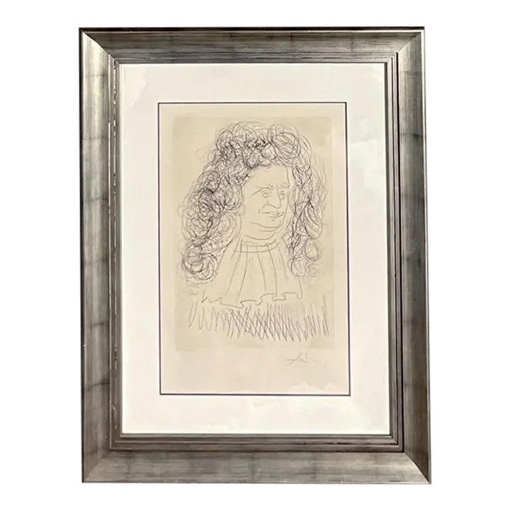 Salvador Dali Etching Portrait De La Fontaine Framed Surrealist Artwork: Salvador Dali Etching Portrait De La Fontaine Framed Surrealist Artwork This vintage Salvador Dali etching, titled "Portrait De La Fontaine," features the iconic surrealist style of Dali and depicts t