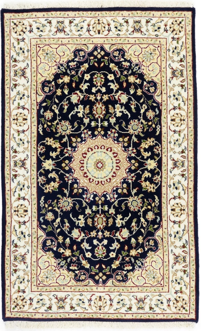 Hand-Knotted Wool and Silk Area Rug Floral Medallion 2'9 x 4'2: Hand-Knotted Wool and Silk Area Rug Floral Medallion 2'9 x 4'2 This Indo-Nain area rug features a hand-knotted construction with a floral medallion pattern. Made from a blend of wool and silk, it show