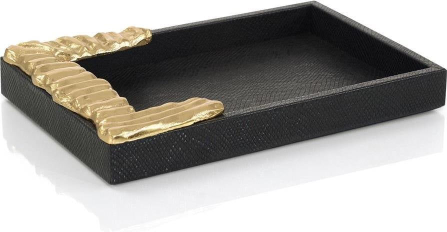 John-Richard Vegan Leather Tray with Gold Accent 16 x 10: John-Richard Vegan Leather Tray with Gold Accent 16 x 10 This elegant vegan leather tray features a sophisticated gold accent, making it a stylish addition to any decor. With its compact size, it's pe