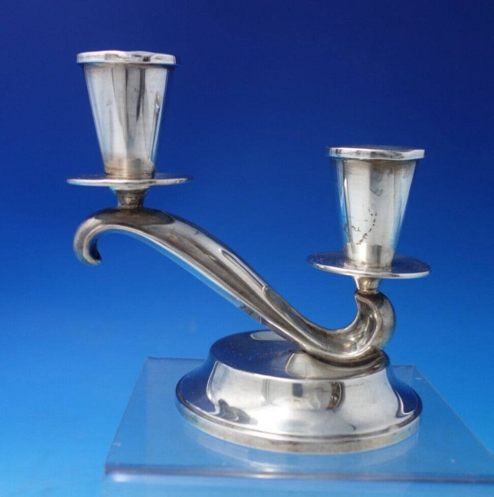 Fisher Sterling Silver 2-Light Candle Holder c.1960 5 1/4 x 4 3/4 (1 of 9)
