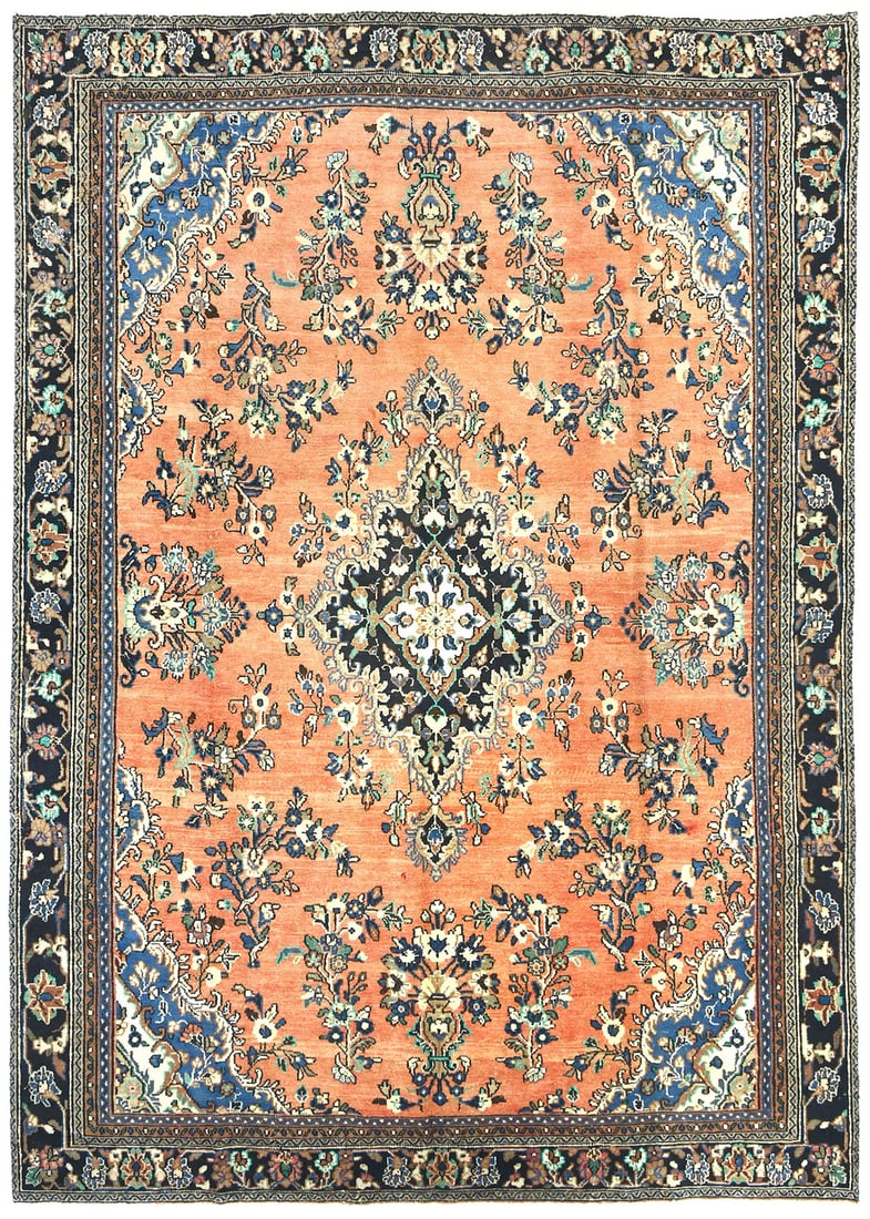 Vintage 1950s Handmade Oriental Rug 8'0 x 11'3 Floral Wool Carpet: Vintage 1950s Handmade Oriental Rug 8'0 x 11'3 Floral Wool Carpet This exquisite antique handmade Oriental rug features a muted floral design, perfect for adding a touch of vintage elegance to any spa