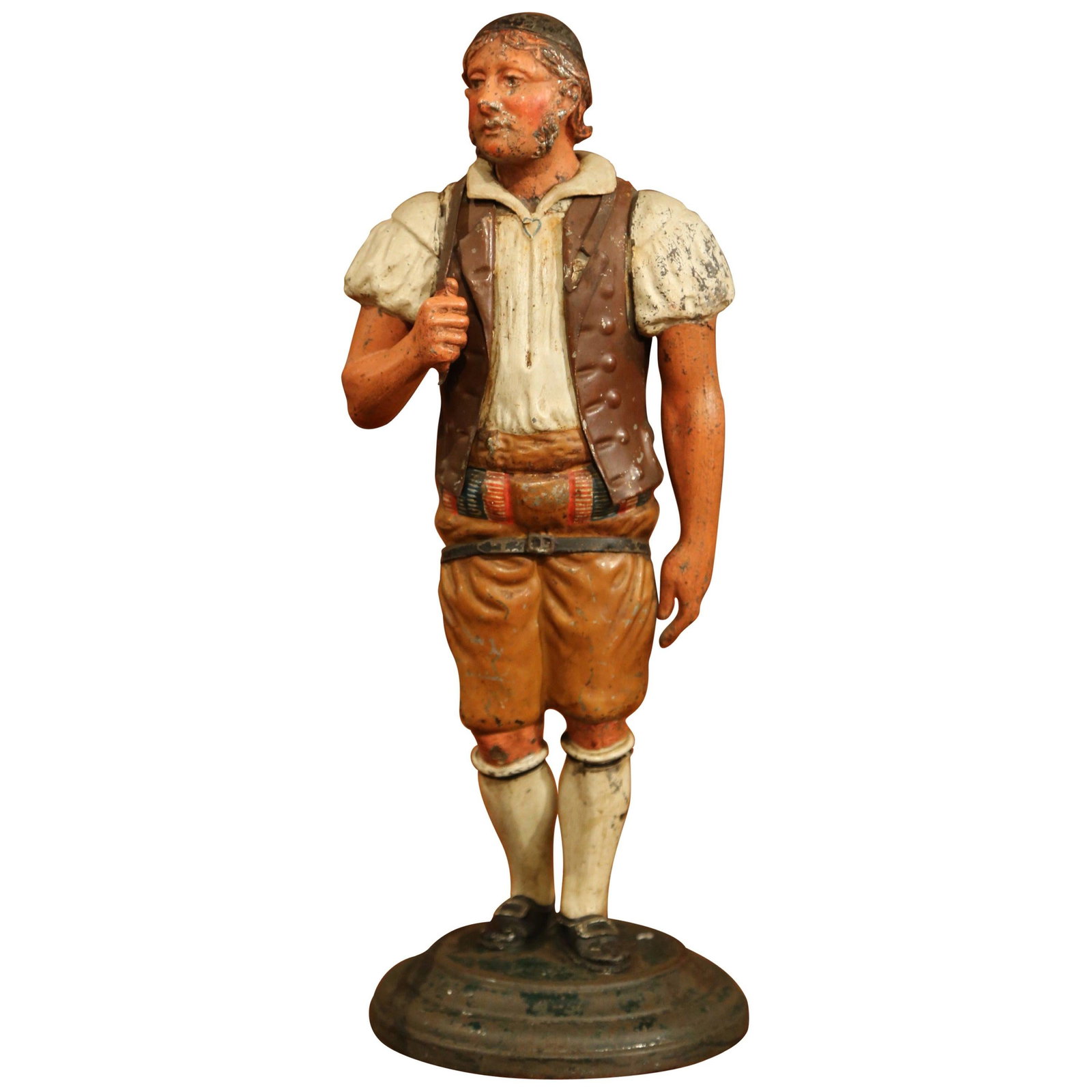 Antique 19th Century French Hand Painted Iron Tole Figurine 14 in: Antique 19th Century French Hand Painted Iron Tole Figurine 14 in This exquisite 19th Century French Hand Painted Iron Tole Figurine showcases a colorful depiction of a man dressed in 19th century att