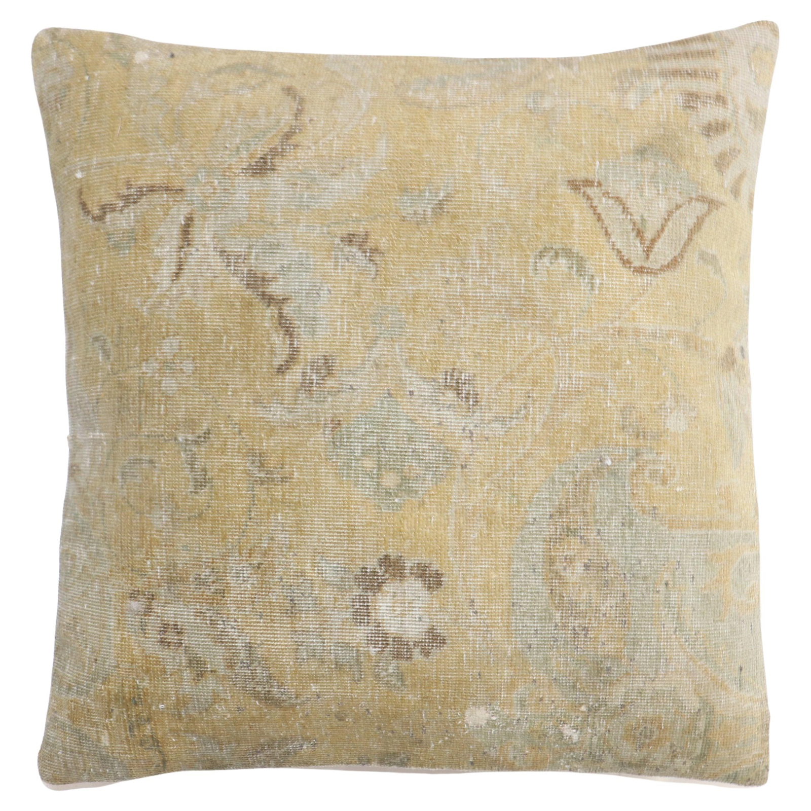 Large Gold Persian Tabriz Rug Pillow 23 x 23 Decorative Cushion: Large Gold Persian Tabriz Rug Pillow 23 x 23 Decorative Cushion This exquisite large square pillow is crafted from a finely woven Persian Tabriz rug in a rich gold color. It features a luxurious blend