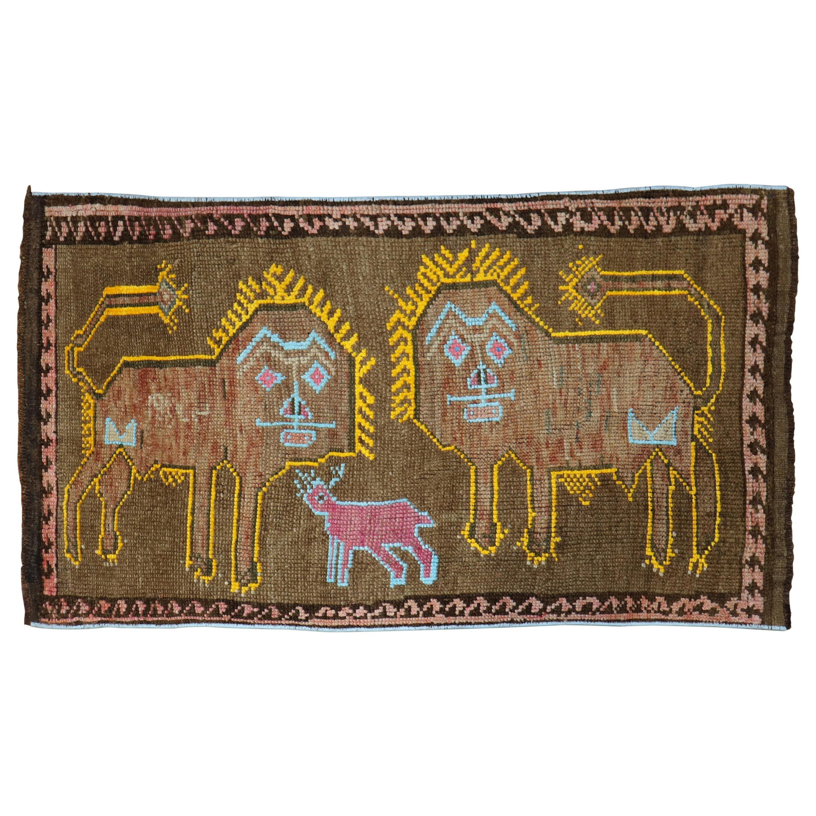 Vintage Turkish Folk Art Rug with Lions and Sheep 1980: Vintage Turkish Folk Art Rug with Lions and Sheep 1980 This charming vintage Turkish rug, crafted in the late 20th century, features a delightful folk art design. It showcases two cheerful lions outli