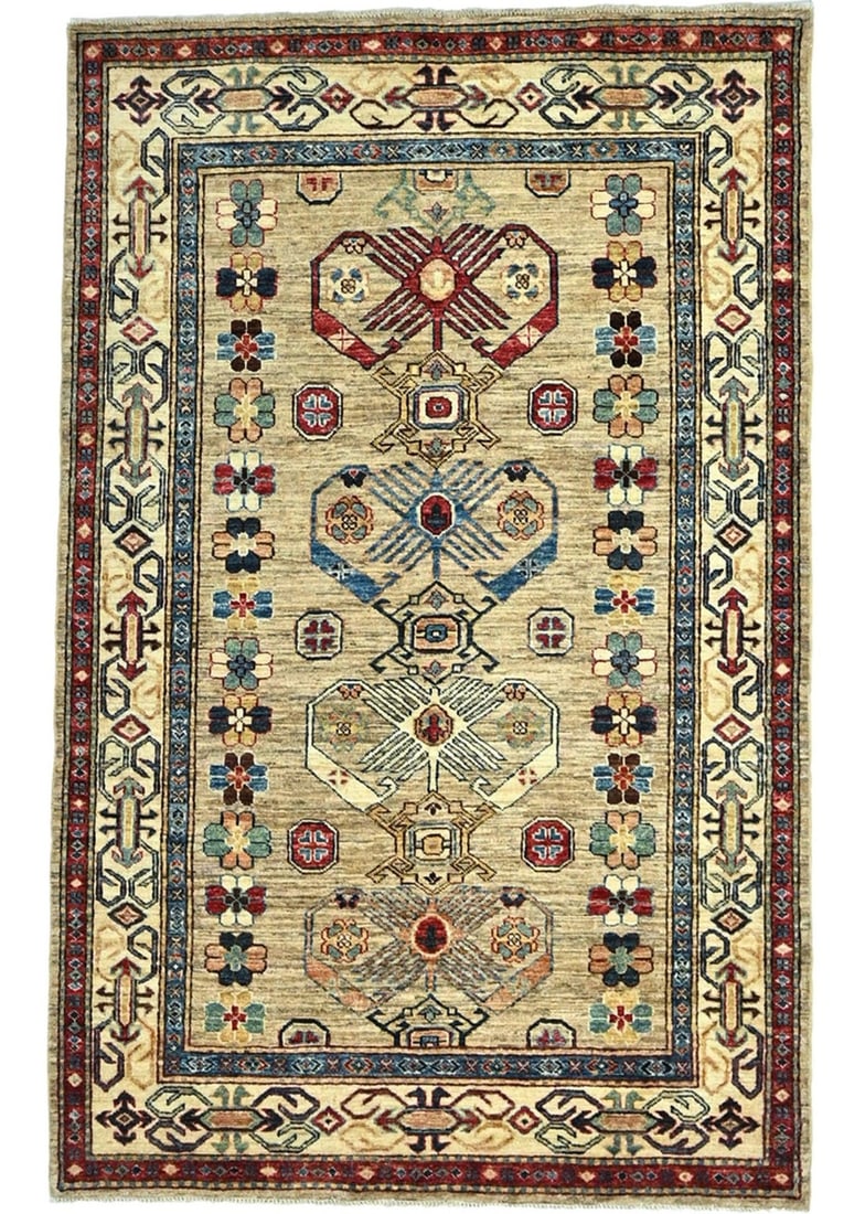 Hand-Knotted Wool Area Rug 4x6 Tribal Geometric Pattern Modern Style: Hand-Knotted Wool Area Rug 4x6 Tribal Geometric Pattern Modern Style This handmade Kazak area rug features a tribal geometric design in a farmhouse style. Crafted from wool using a hand-knotted techni