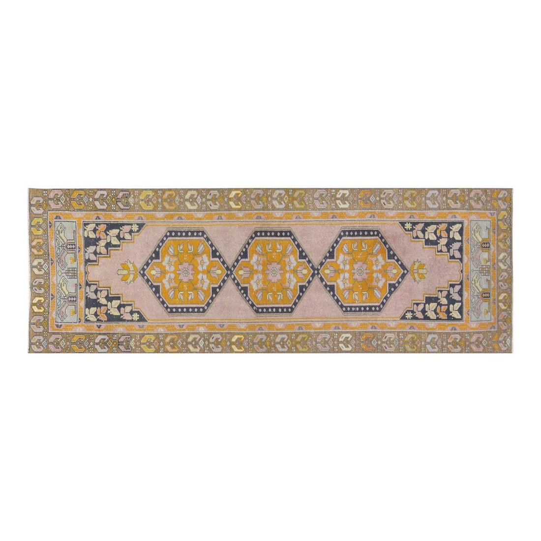 Handmade Anatolian Wool Runner Rug 3'1 x 9'5 Tan Vintage Design: Handmade Anatolian Wool Runner Rug 3'1 x 9'5 Tan Vintage Design This vintage Turkish Anatolian rug is hand-knotted from wool using traditional techniques, combining classic artistry with a modern desi
