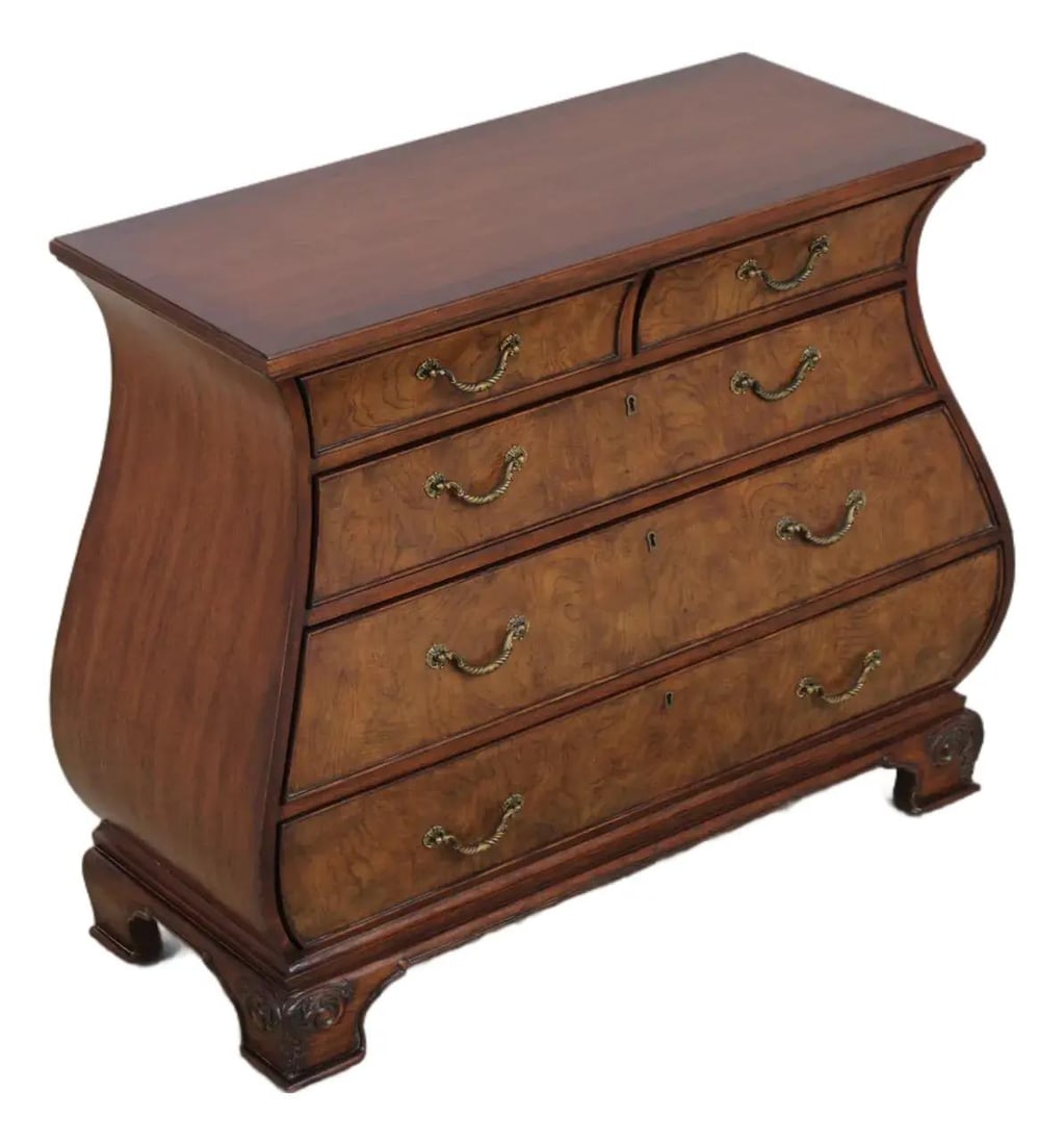 Ethan Allen burl wood bombe chest with inlay and brass hardware (1 of 10)