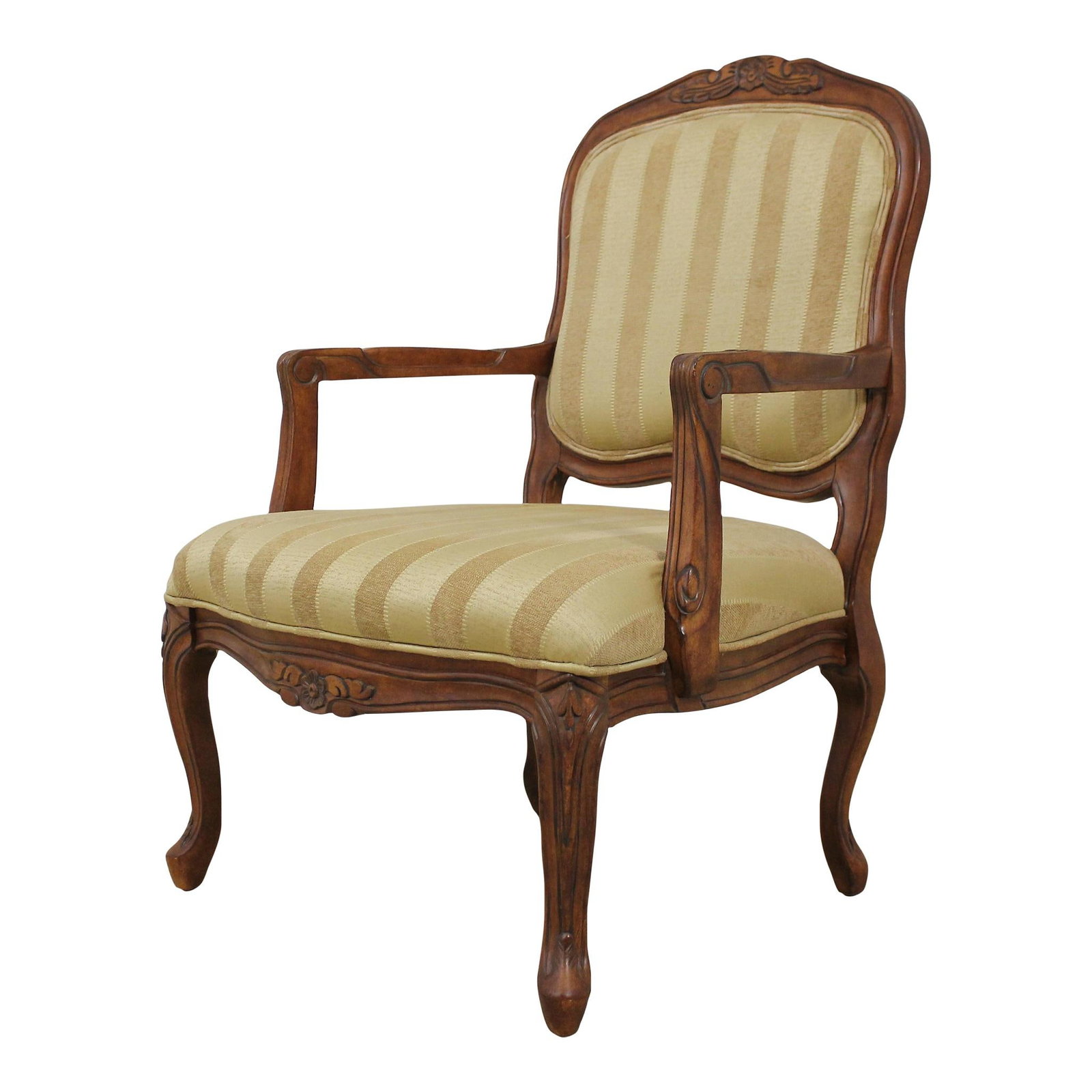 Elegant French Style Upholstered Armchair Vintage Design: Elegant French Style Upholstered Armchair Vintage Design This elegant French Style Upholstered Open Armchair features a timeless design and is approximately 20 years old. The chair is in excellent con