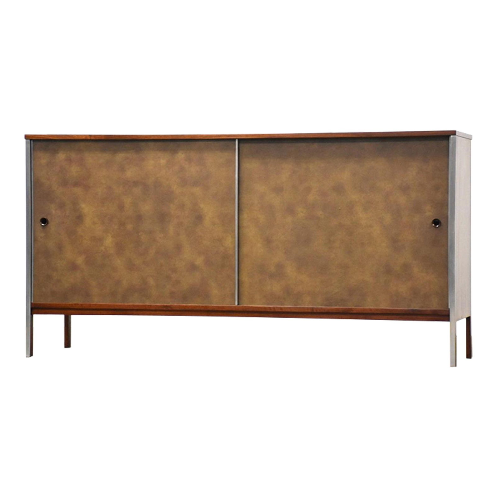 Mid Century Modern Paul McCobb Walnut Credenza with Aluminum Accents: Mid Century Modern Paul McCobb Walnut Credenza with Aluminum Accents This stunning mid-century modern walnut sideboard credenza, designed by Paul McCobb for Calvin, features two sliding doors compleme
