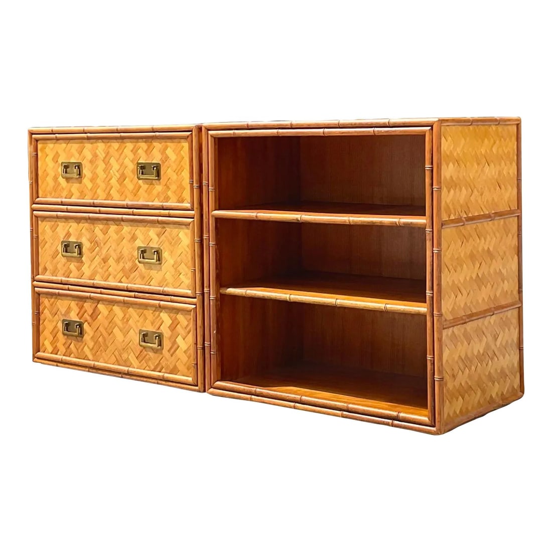 Vintage Coastal Parquet Rattan Credenza Set of 2 Cabinets: Vintage Coastal Parquet Rattan Credenza Set of 2 Cabinets This stunning late 20th-century vintage Coastal credenza set features two exquisite parquet rattan cabinets that can be used together as a cre