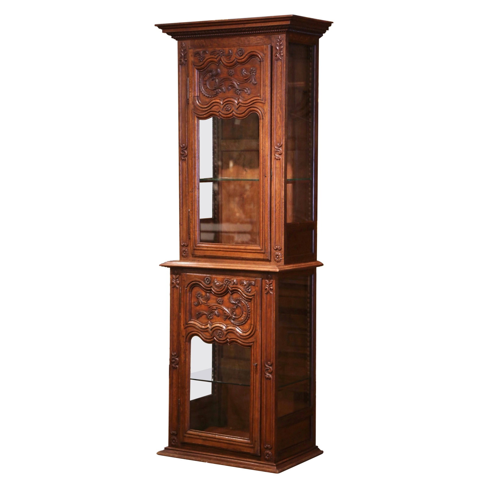 19th Century French Louis XIV Carved Oak Glass Vitrine Cabinet: 19th Century French Louis XIV Carved Oak Glass Vitrine Cabinet This exquisite 19th Century French Regence Carved Oak Tall Glass Vitrine Display Cabinet brings a touch of elegance to any space. Crafted