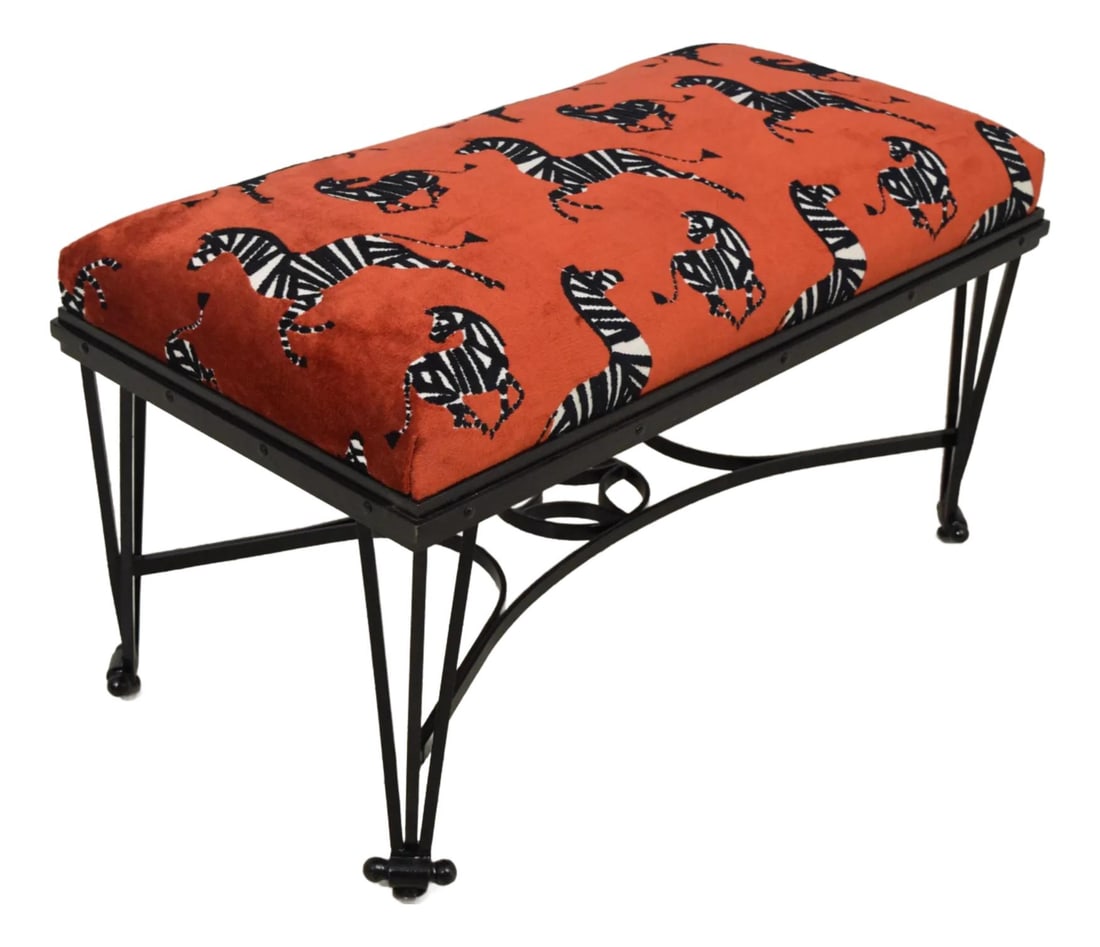 Vintage French Art Deco Iron Base Zebra Print Bench C.1930s: Vintage French Art Deco Iron Base Zebra Print Bench C.1930s This vintage French Art Deco bench from the 1930s features a robust iron base and is newly upholstered in high-quality zebra textured print 
