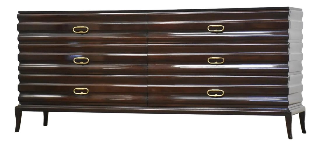 1960s Tommi Parzinger Mahogany Dresser with Brass Hardware: 1960s Tommi Parzinger Mahogany Dresser with Brass Hardware Discover this stunning 1960s Tommi Parzinger mahogany dresser, a rare piece that exemplifies mid-century modern design. Featuring a high glos