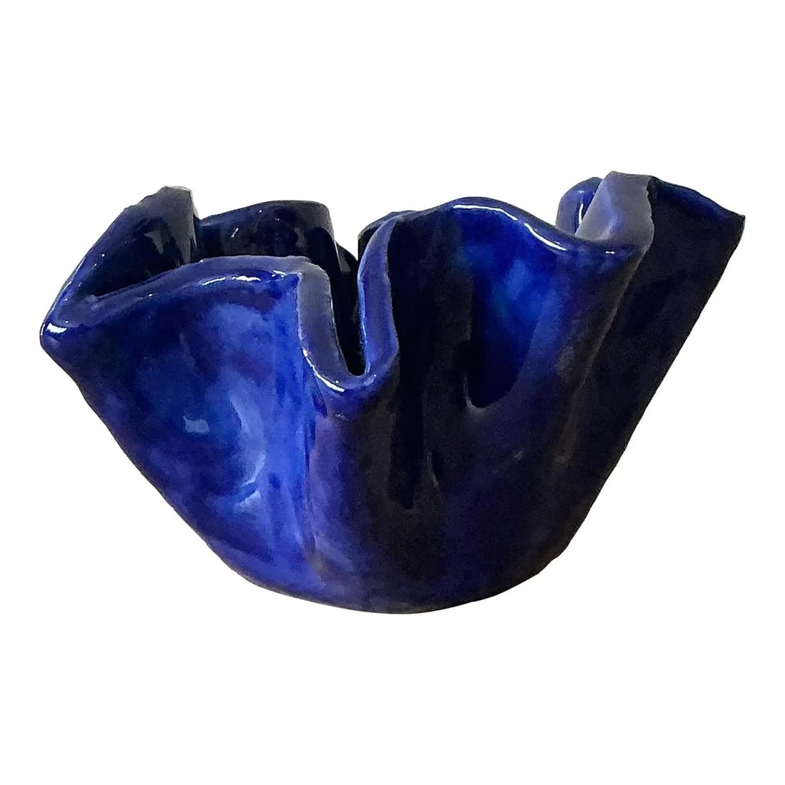 Blue Studio Pottery Bowl With Ruffled Edge and Sculptural Flower Form (1 of 7)