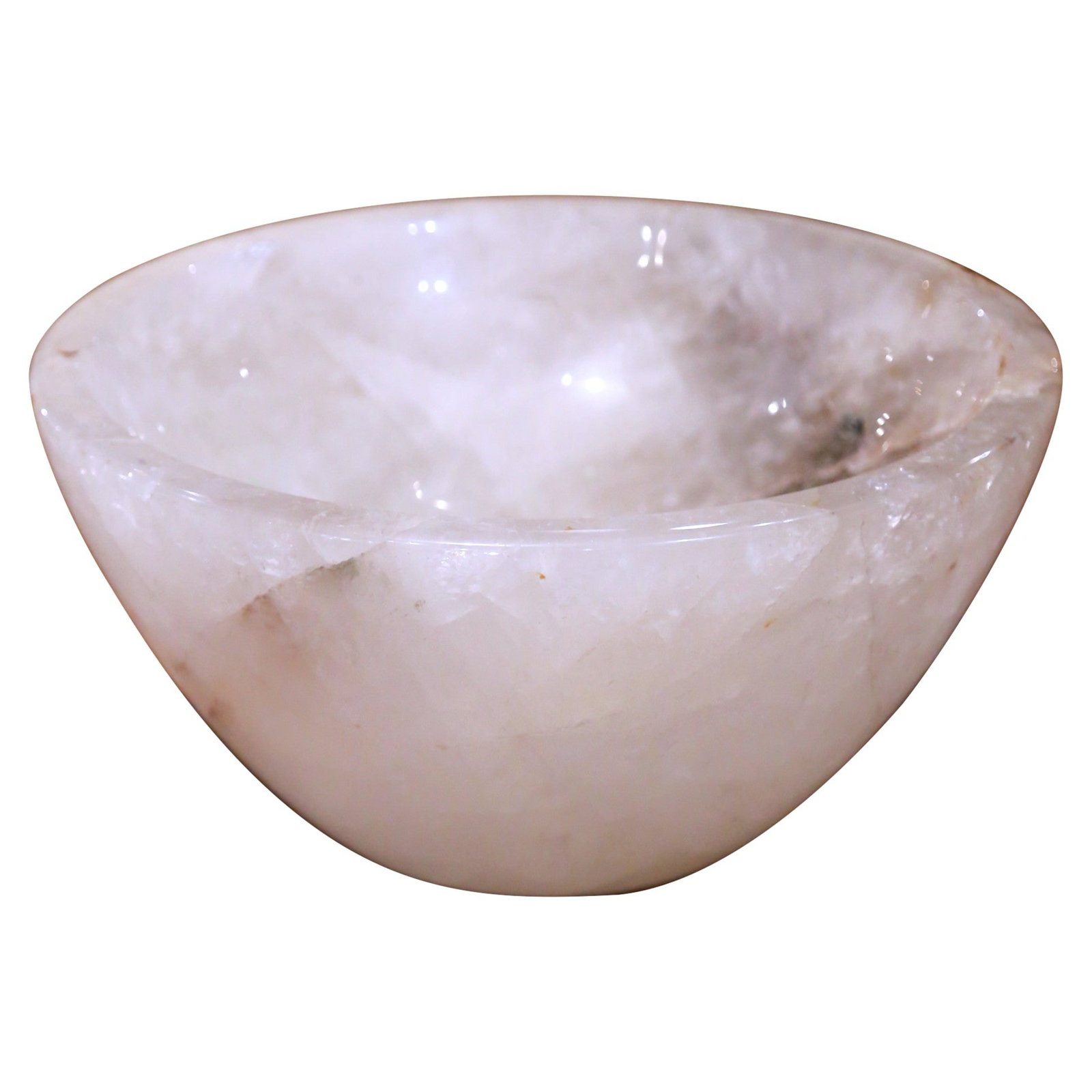 Hand Carved Brazilian Rock Crystal Decorative Bowl with Gilt Accents: Hand Carved Brazilian Rock Crystal Decorative Bowl with Gilt Accents This large hand-carved rock crystal bowl from Brazil features a substantial round shape with a deep basin and exceptional clarity. 